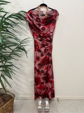 Red Floral Maxi Dress with Draped Neckline